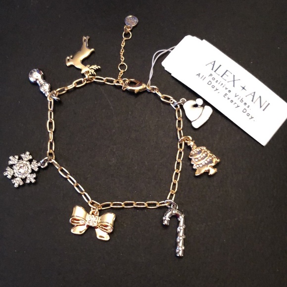 Alex + Ani Shiny Gold Tone Holiday Cheer Multi Charm Bracelet 7 Charms NWT - Picture 3 of 12